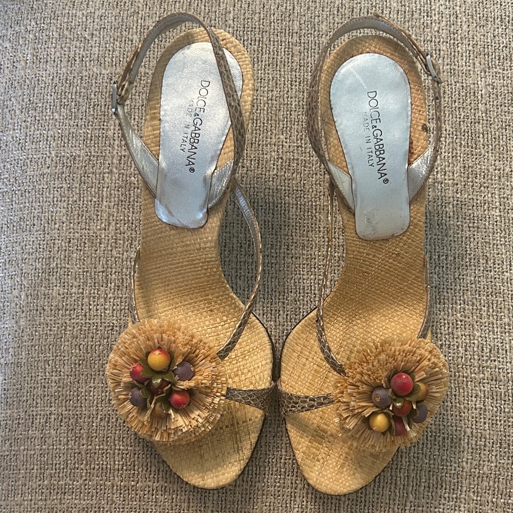 Dolce & Gabbana Sandals, Floral Embellishment with Straw and Snakeskin 2” heels.